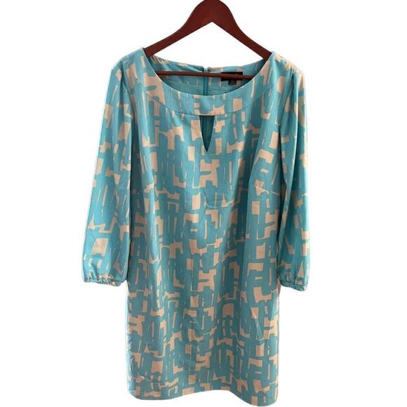 Tahari Graphic Print Crepe de Chine Shift Dress, Keyhole, Turquoise, size 14W - Picture 2 of 14